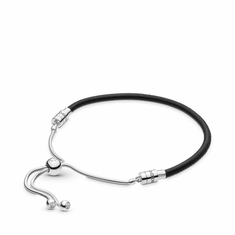 Pandora Australia Sliding Black Leather Bracelet - Sterling Silver | FEQHZB904